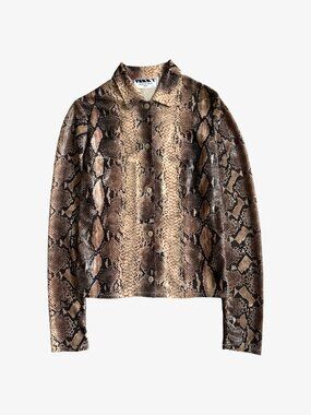 Vintage 90's French Brown Shiny Snake Print Button-Up Crop Shirt by Tark 1
